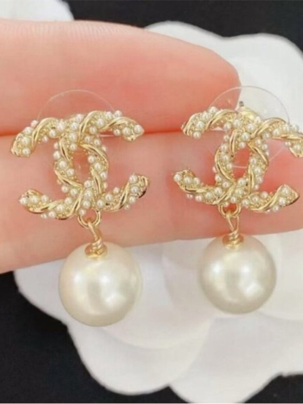 Chanel Beaded CC Monogram Pearl Drop Stud Jewelry